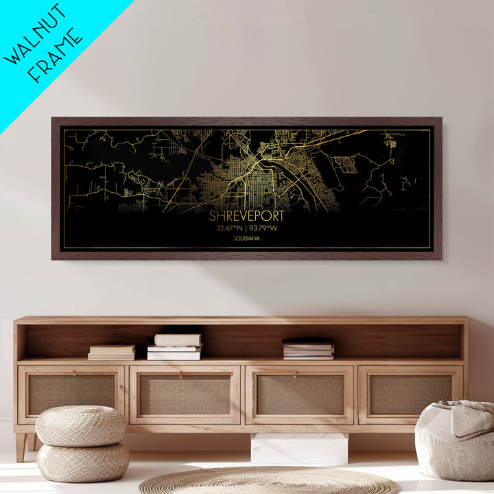 Shreveport Louisiana City street map, Panoramic art, black and gold, Metallic Gold Print, Metal Art, real wood frames, Housewarming Gift