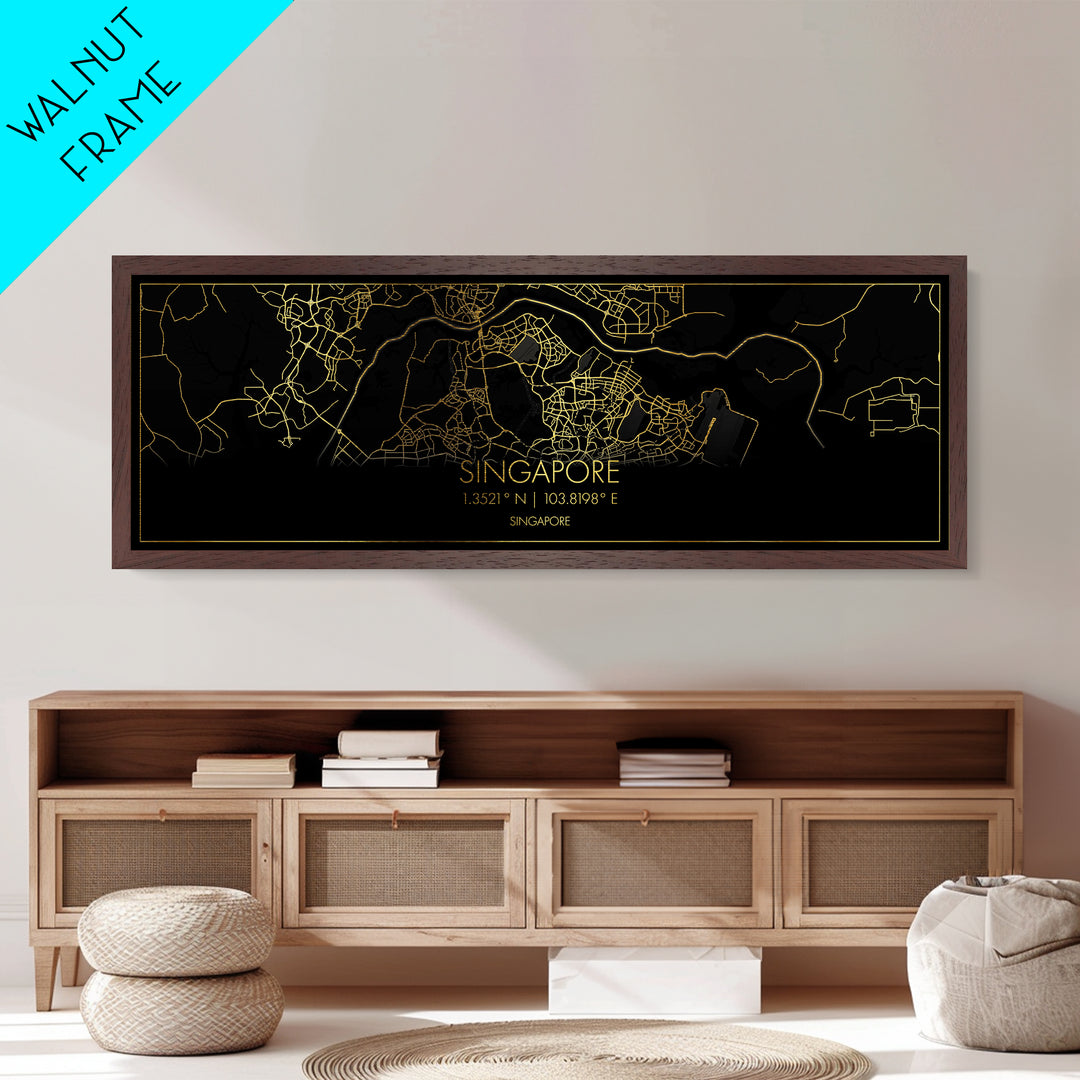 Singapore Singapore City Poster, Panoramic street map, black and gold, Metallic Gold Art, Metal Art, wood framed map, Office Décor