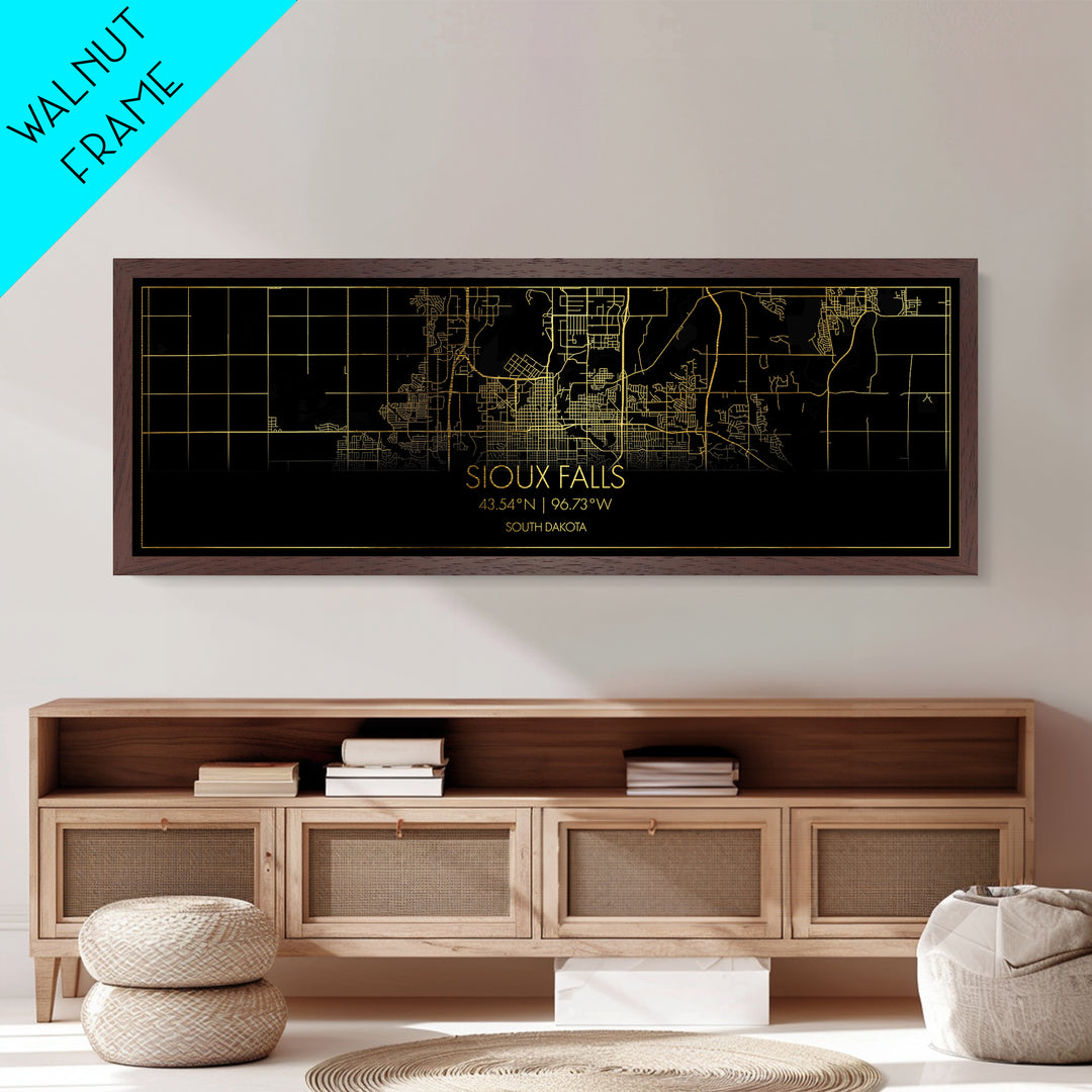 Sioux Falls South Dakota City street map, Panoramic art, black and gold, Metallic Gold Print, Metal Art, real wood frames, Best Friend Gifts