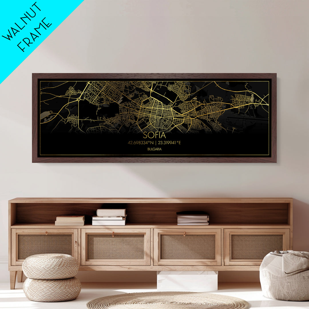 Sofia Bulgaria City Poster, Panoramic street map, black and gold, Metallic Gold Art, Metal Art, wood framed map, Wall Art, Street Map Art