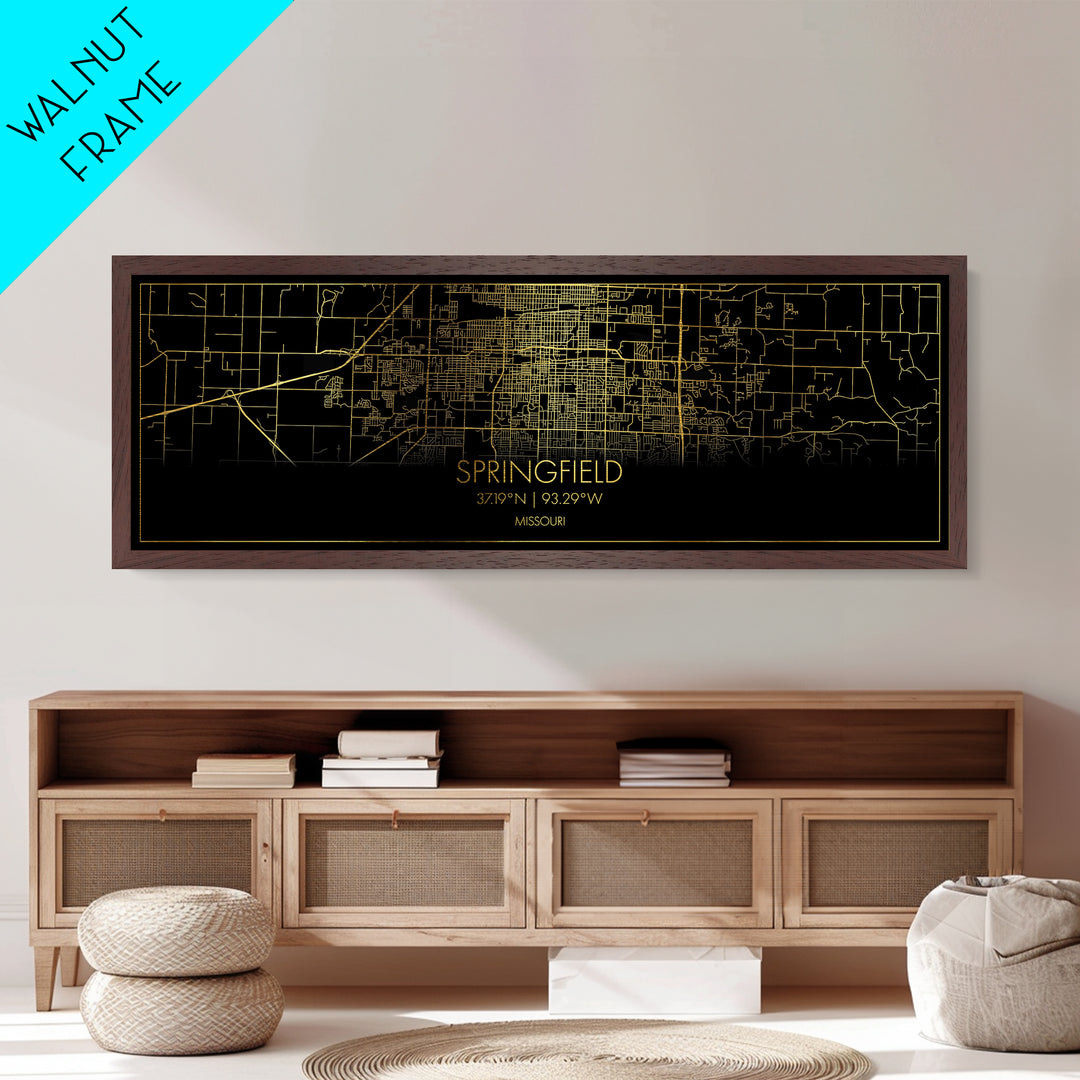Springfield Missouri City Poster, Panoramic street map, black and gold, Metallic Gold Art, Metal Art, wood framed map, Minimalist Wall Art