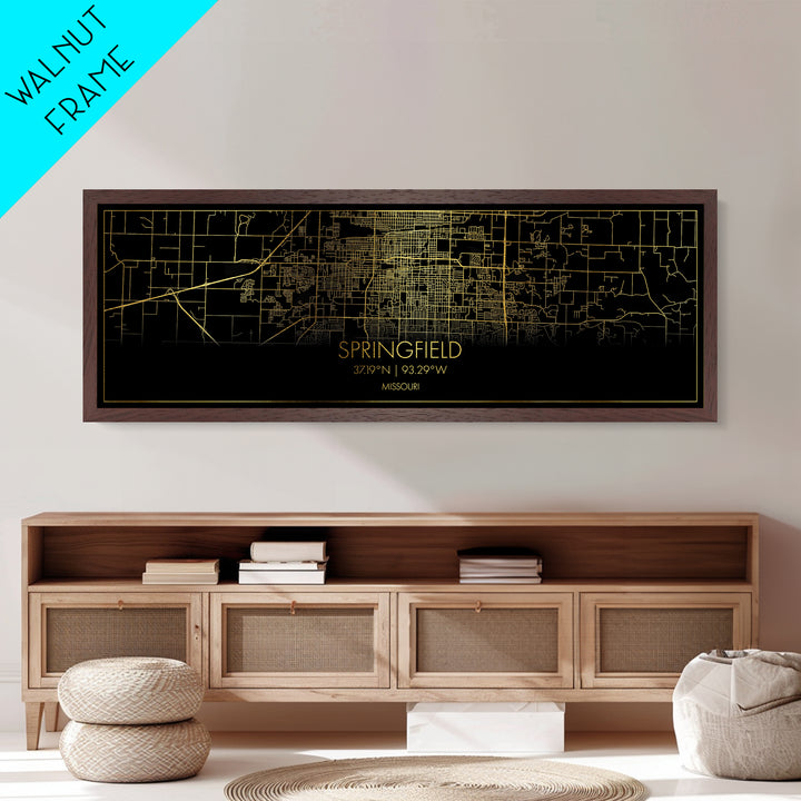 Springfield Missouri City Poster, Panoramic street map, black and gold, Metallic Gold Art, Metal Art, wood framed map, Minimalist Wall Art