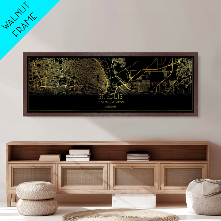St. Louis Missouri map, Panoramic art, black and gold, Metallic Gold Print, Metal Art, real wood frames, Housewarming Gift, Map Print Poster