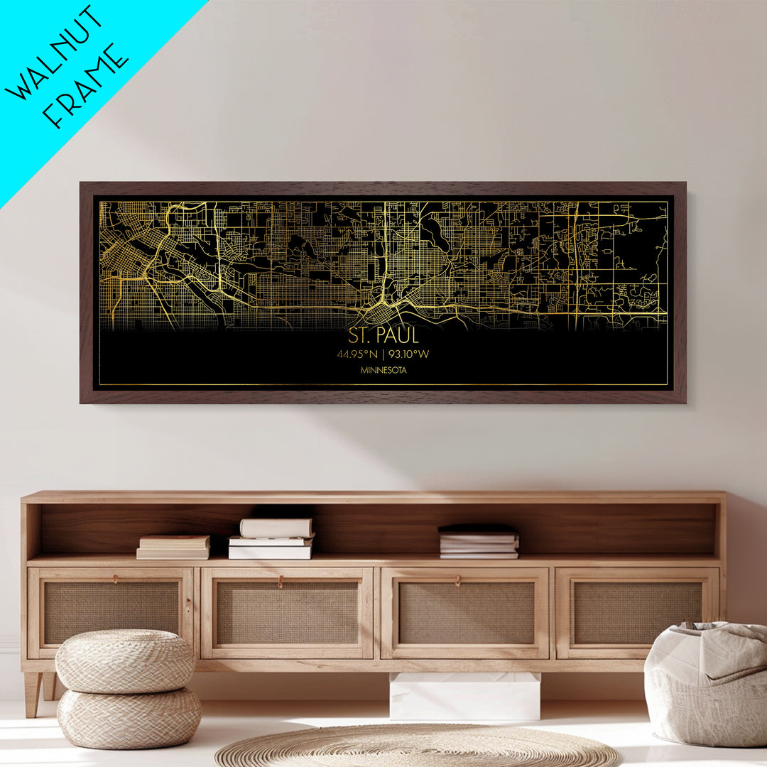 St. Paul Minnesota City Poster, Panoramic street map, black and gold, Metallic Gold Art, Metal Art, wood framed map, Office Decor, Wall Art