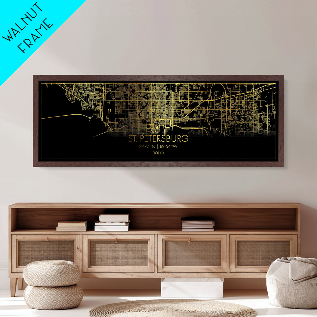 St. Petersburg Florida City street map, Panoramic art, black and gold, Metallic Gold Print, Metal Art, real wood frames, Map Print Poster