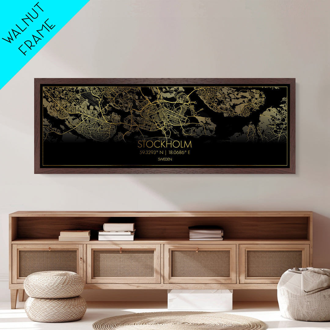 Stockholm Sweden City Poster, Panoramic street map, black and gold, Metallic Gold Art, Metal Art, wood framed map, Office Décor