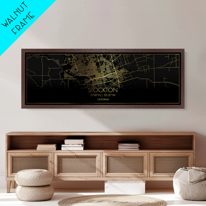 Stockton California City Poster, Panoramic street map, black and gold, Metallic Gold Art, Metal Art, wood framed map, Wall Art, Closing Gift