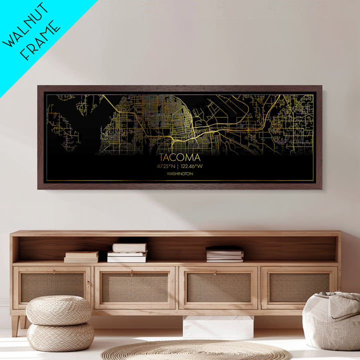 Tacoma Washington City street map, Panoramic art, black and gold, Metallic Gold Print, Metal Art, real wood frames, Map Print Poster