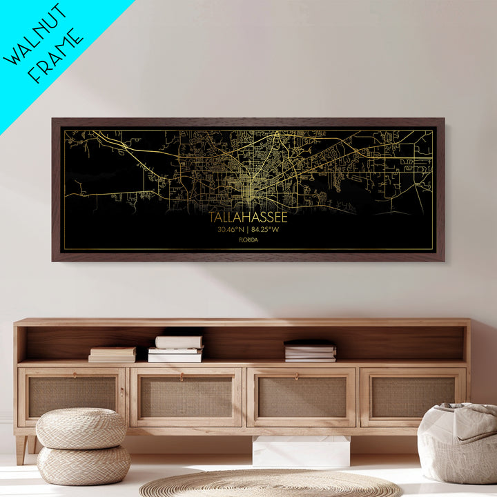 Tallahassee Florida City Poster, Panoramic street map, black and gold, Metallic Gold Art, Metal Art, wood framed map, Housewarming Gift