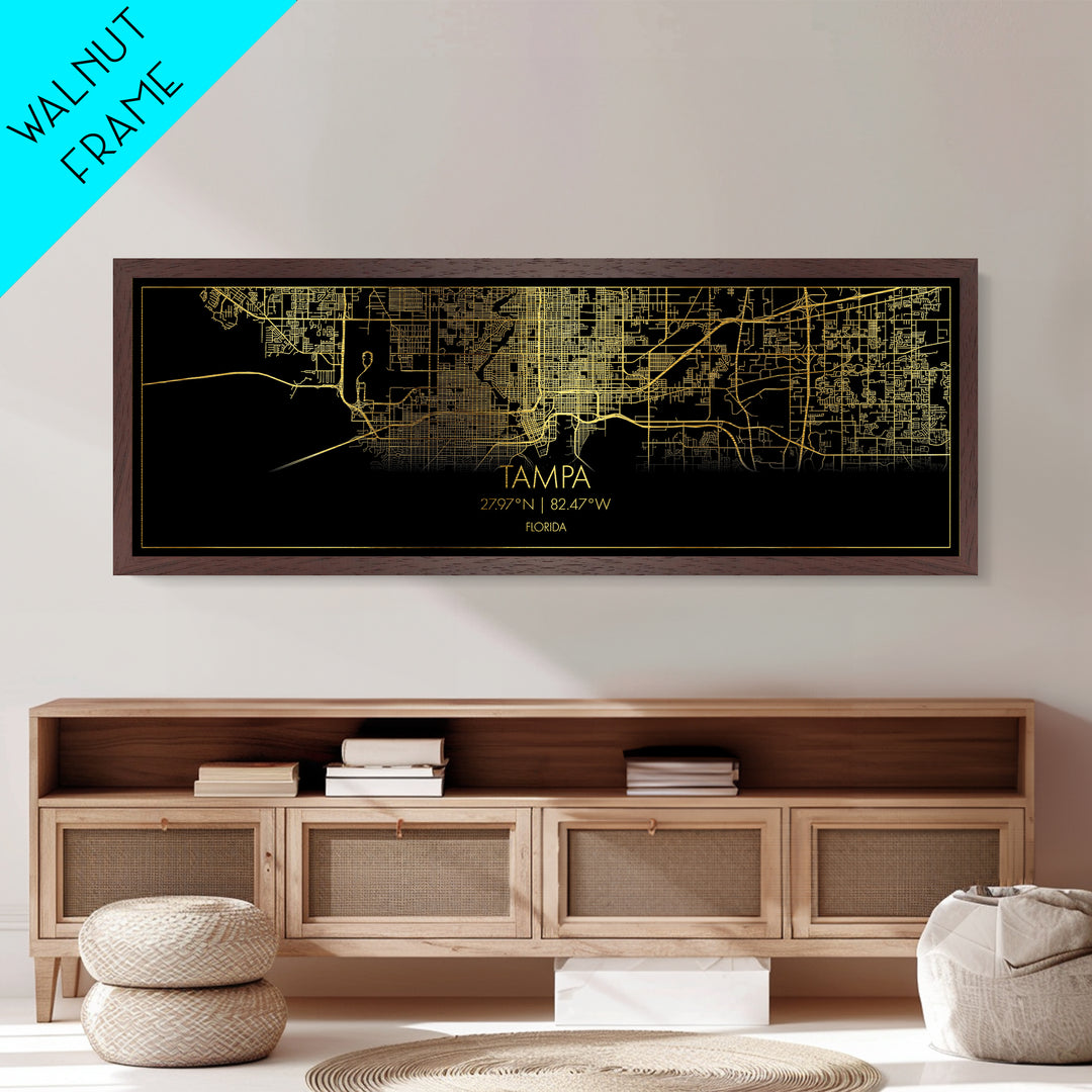 Tampa Florida map, Panoramic art, black and gold, Metallic Gold Print, Metal Art, real wood frames, Best Friend Gifts, Street Map Art