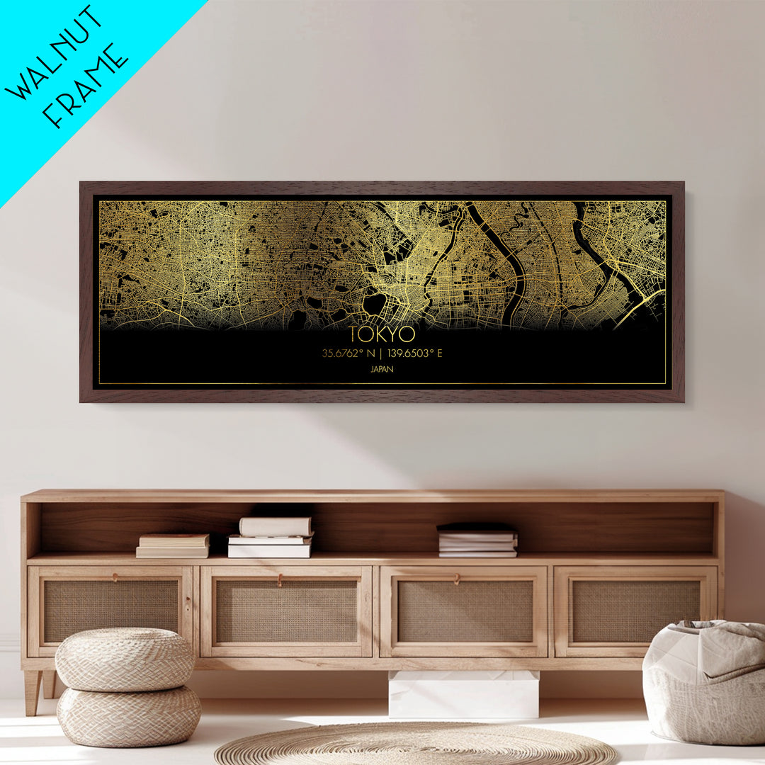 Tokyo Japan City street map, Panoramic art, black and gold, Metallic Gold Print, Metal Art, real wood frames, College Dorm Décor