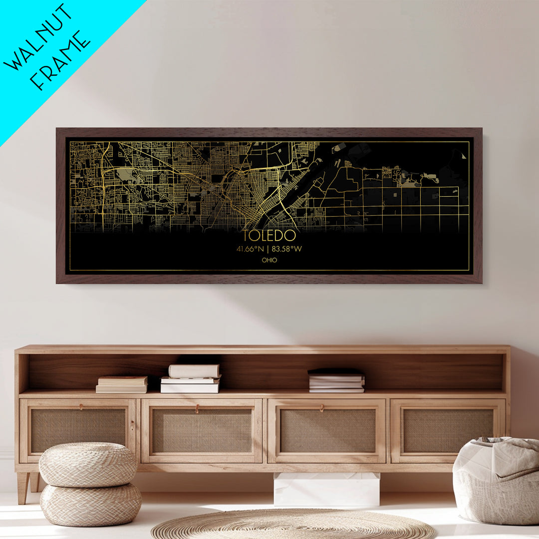 Toledo Ohio City Poster, Panoramic street map, black and gold, Metallic Gold Art, Metal Art, wood framed map, Modern Wall Art