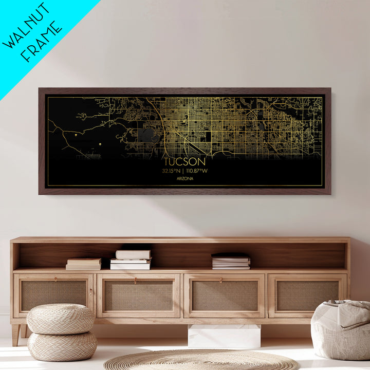 Tucson Arizona City street map, Panoramic art, black and gold, Metallic Gold Print, Metal Art, real wood frames, Housewarming Gift