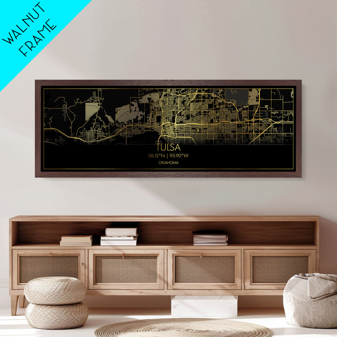 Tulsa Oklahoma City Poster, Panoramic street map, black and gold, Metallic Gold Art, Metal Art, wood framed map, Map Print Poster