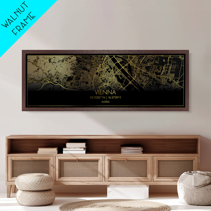 Vienna Austria City street map, Panoramic art, black and gold, Metallic Gold Print, Metal Art, real wood frames, Street Map Art, Wall Art