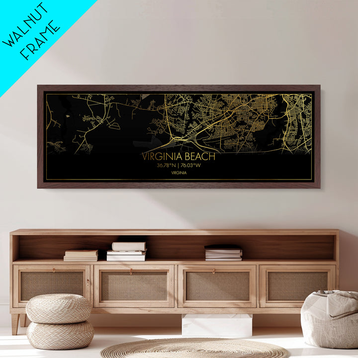 Virginia Beach Virginia City Poster, Panoramic street map, black and gold, Metallic Gold Art, Metal Art, wood framed map, Best Friend Gifts