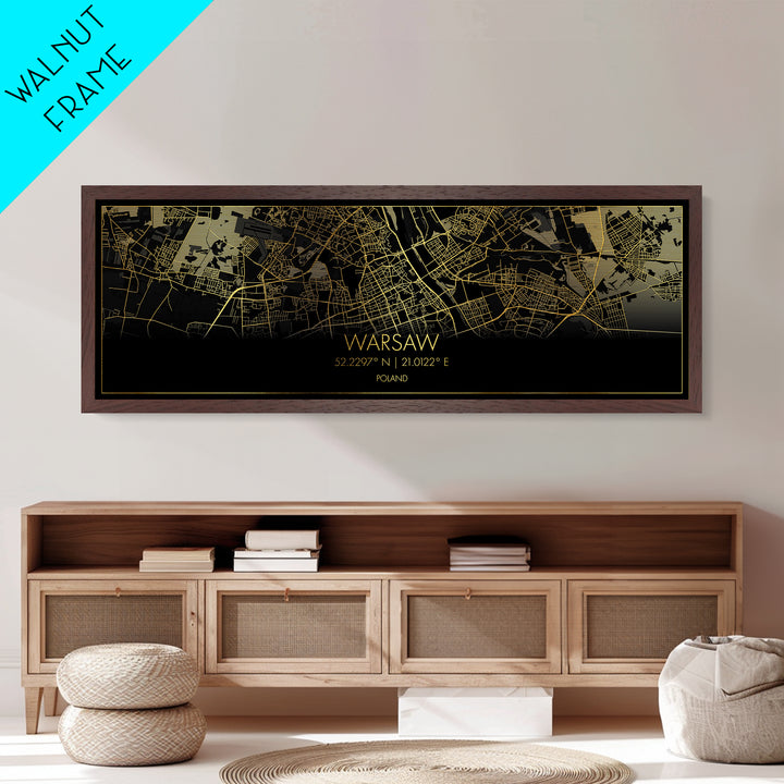 Warsaw Poland City street map, Panoramic art, black and gold, Metallic Gold Print, Metal Art, real wood frames, College Dorm Décor