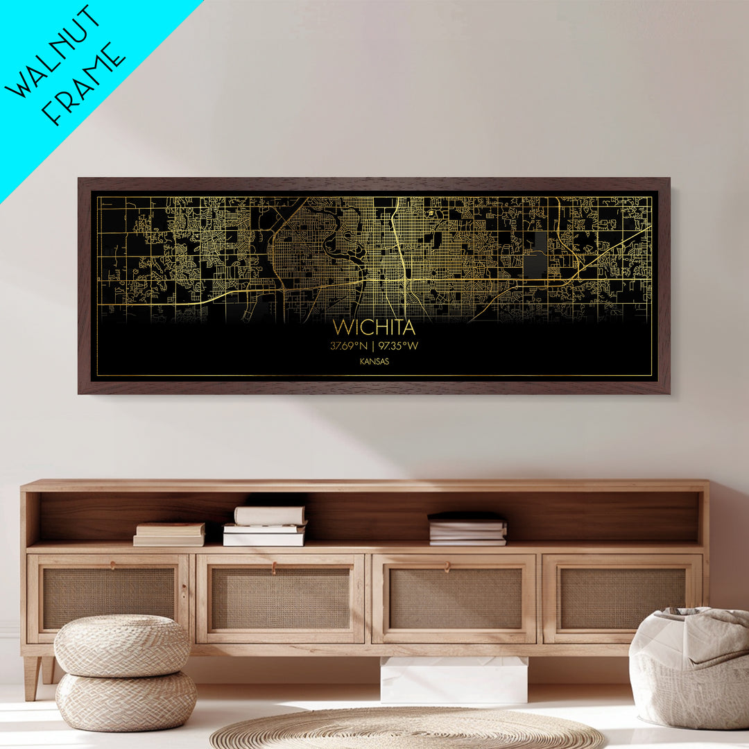 Wichita Kansas City street map, Panoramic art, black and gold, Metallic Gold Print, Metal Art, real wood frames, Housewarming Gift