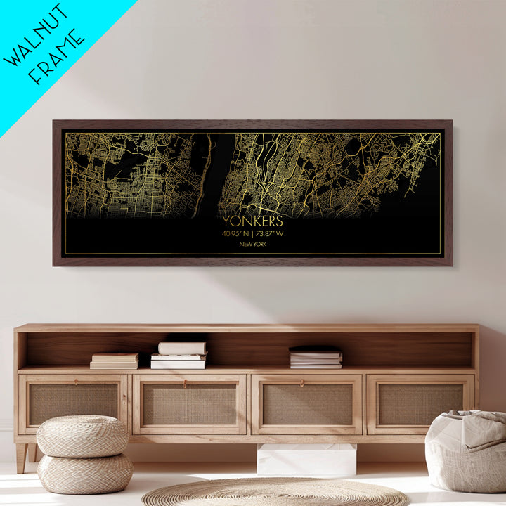 Yonkers New York City street map, Panoramic art, black and gold, Metallic Gold Print, Metal Art, real wood frames, Modern House Art