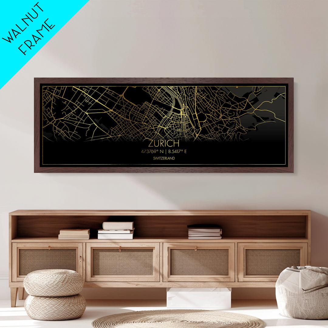 Zurich Switzerland City Poster, Panoramic street map, black and gold, Metallic Gold Art, Metal Art, wood framed map, Best Friend Gifts