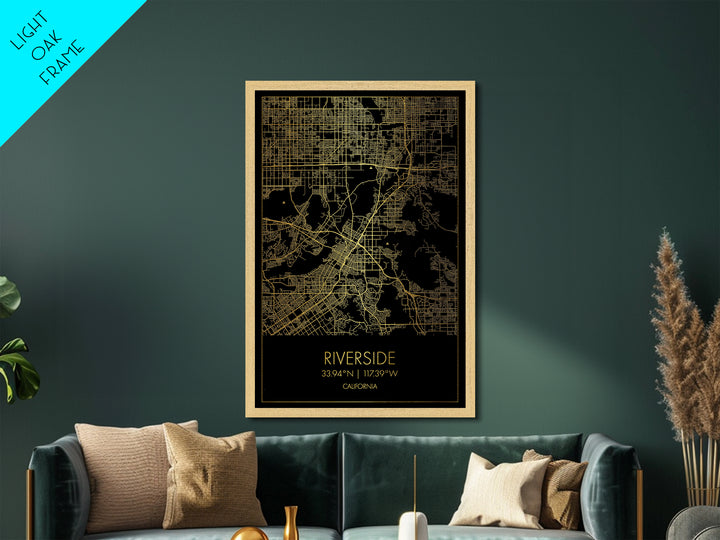 Riverside California City Poster, Metallic Gold Art, Metal Art, real wood frames, black and gold, Modern House Art, Office Decor
