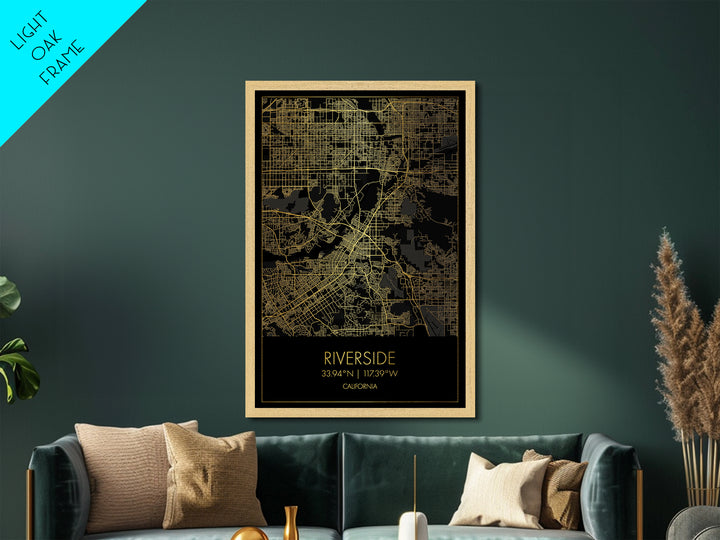 Riverside California City street map, Metallic Gold Print, Metal Art, wood framed map, black and gold, Street Map Art, College Dorm Décor