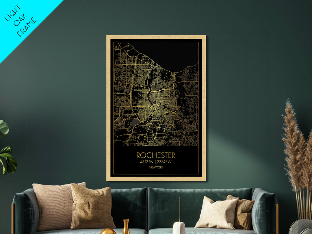 Rochester New York City street map, Metallic Gold Print, Metal Art, wood framed map, black and gold, Map Art, Closing Gift
