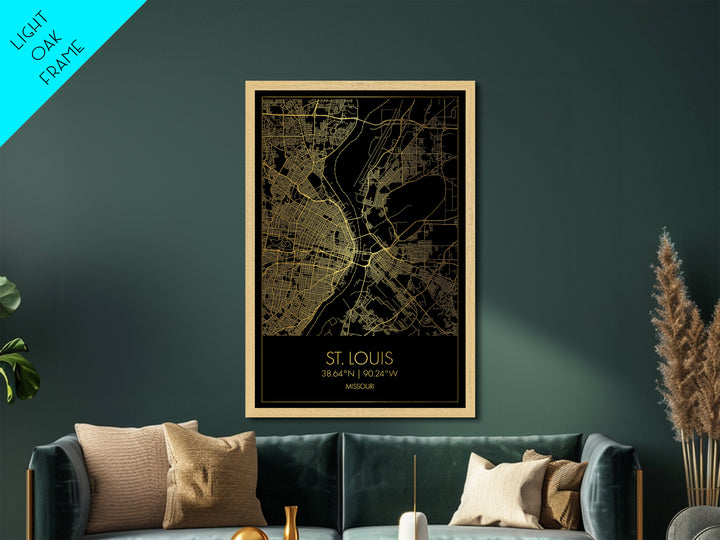 St. Louis Missouri City Poster, Metallic Gold Art, Metal Art, real wood frames, black and gold, Street Map Art, Modern House Art