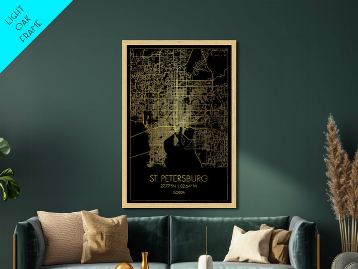 St. Petersburg Florida City Poster, Metallic Gold Art, Metal Art, real wood frames, black and gold, Map Art, Best Friend Gifts
