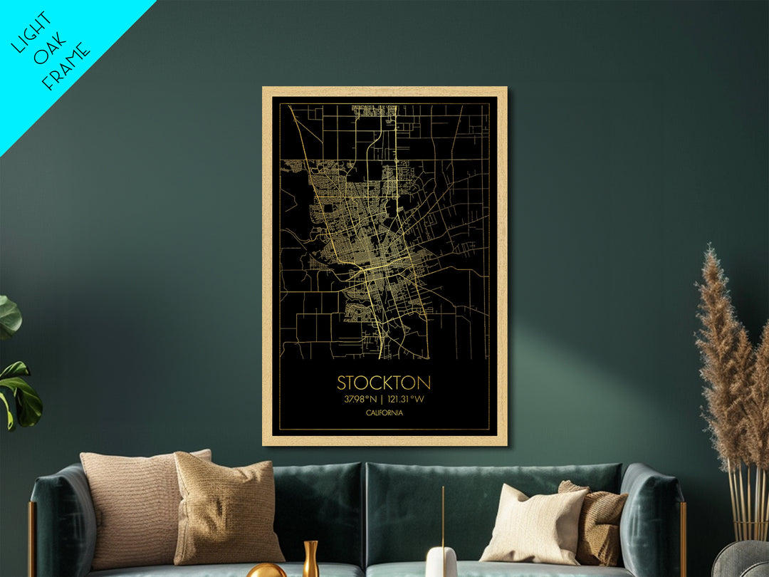 Stockton California City street map, Metallic Gold Print, Metal Art, wood framed map, black and gold, Street Map Art, Office Decor