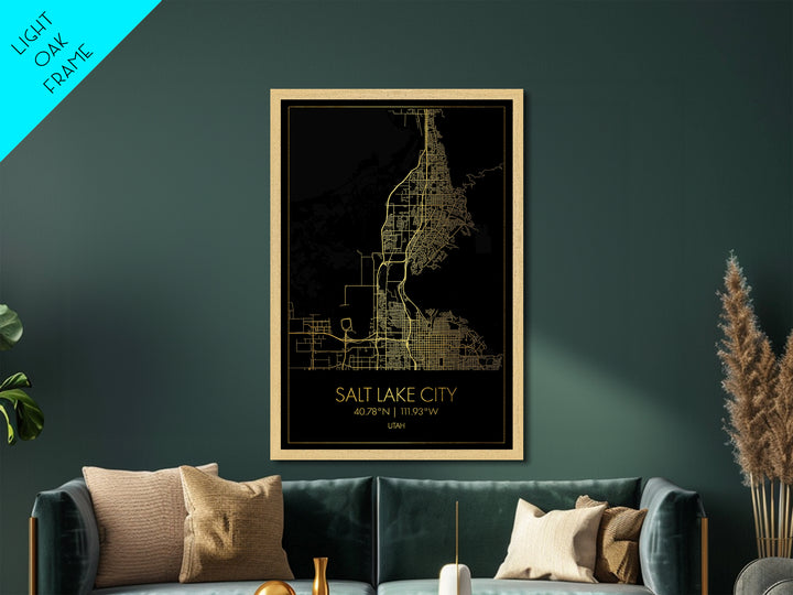 Salt Lake City Utah City Poster, Metallic Gold Art, Metal Art, real wood frames, black and gold, Map Art, Best Friend Gifts