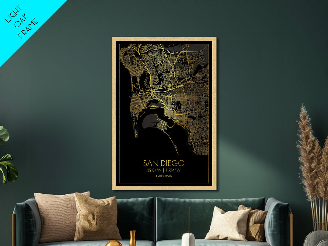 San Diego California City street map, Metallic Gold Print, Metal Art, wood framed map, black and gold, Map Art, Housewarming Gift