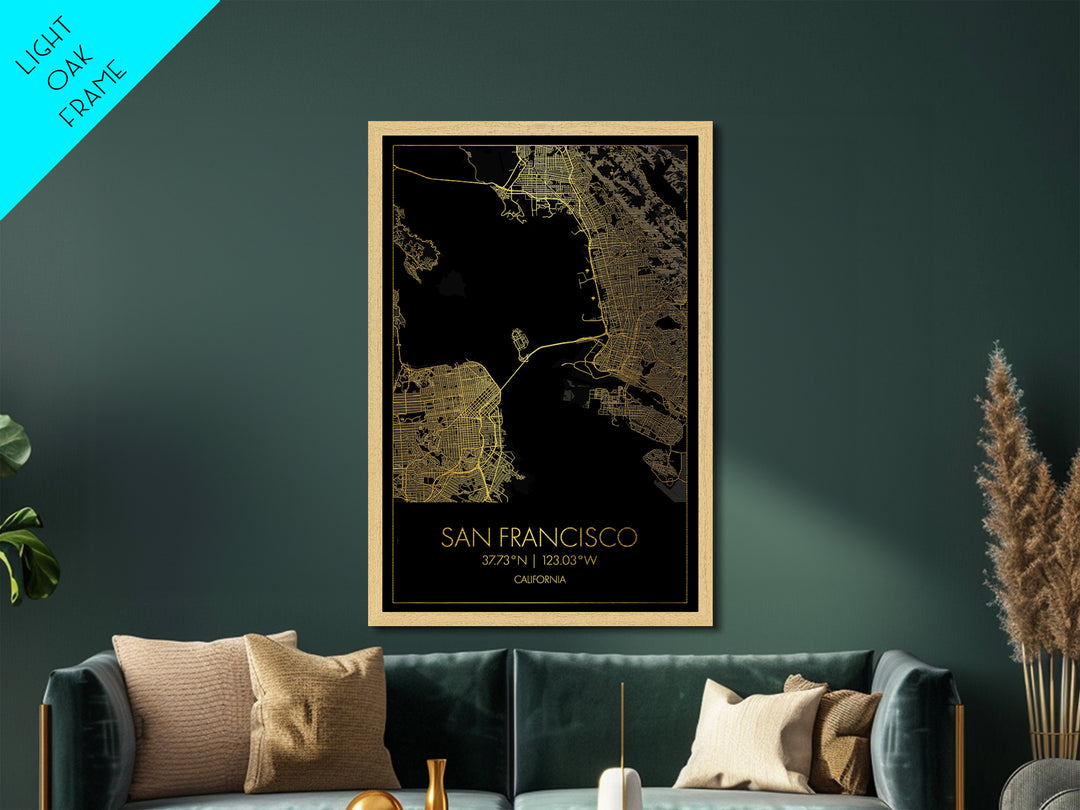 San Francisco California City Poster, Metallic Gold Art, Metal Art, real wood frames, black and gold, Gold Street Map Art, Best Friend Gifts