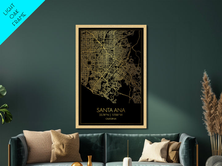 Santa Ana California City Poster, Metallic Gold Art, Metal Art, real wood frames, black and gold, Street Map Art, Modern House Art