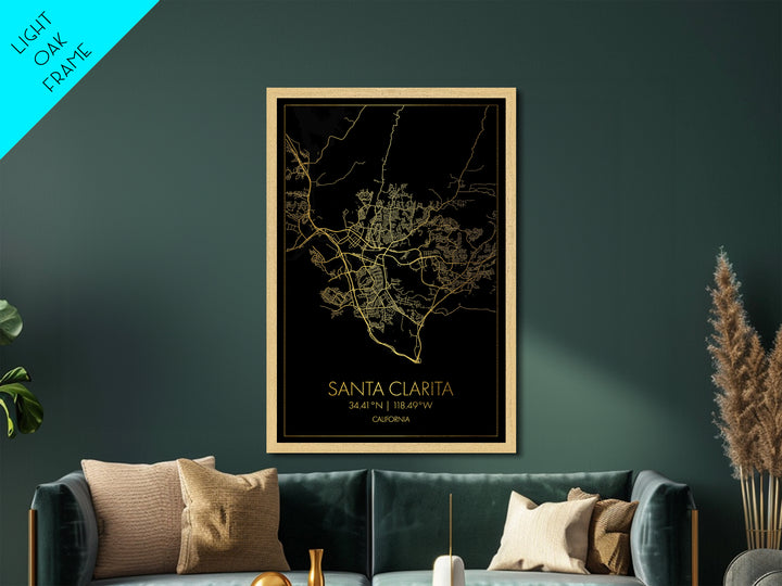 Santa Clarita California City street map, Metallic Gold Print, Metal Art, wood framed map, black and gold, Office Decor, Closing Gift