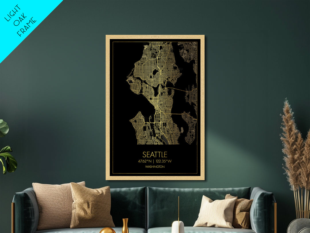 Seattle Washington City Poster, Metallic Gold Art, Metal Art, real wood frames, black and gold, Minimalist Wall Art, Map Print Poster