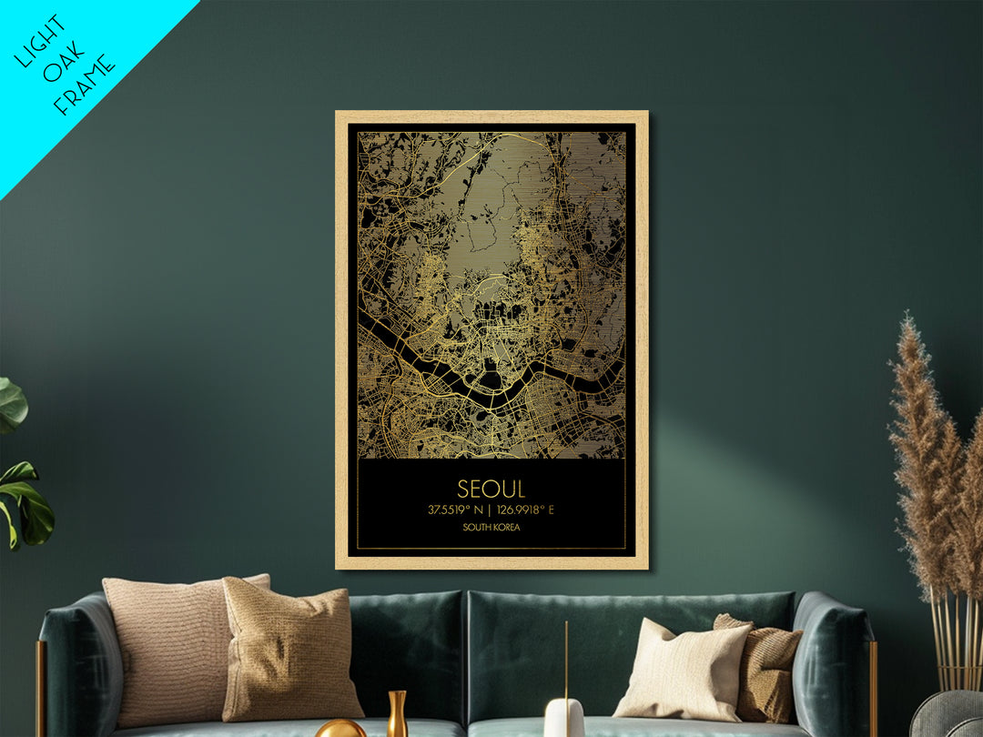 Seoul South Korea City street map, Metallic Gold Print, Metal Art, wood framed map, black and gold, Street Map Art, Office Decor