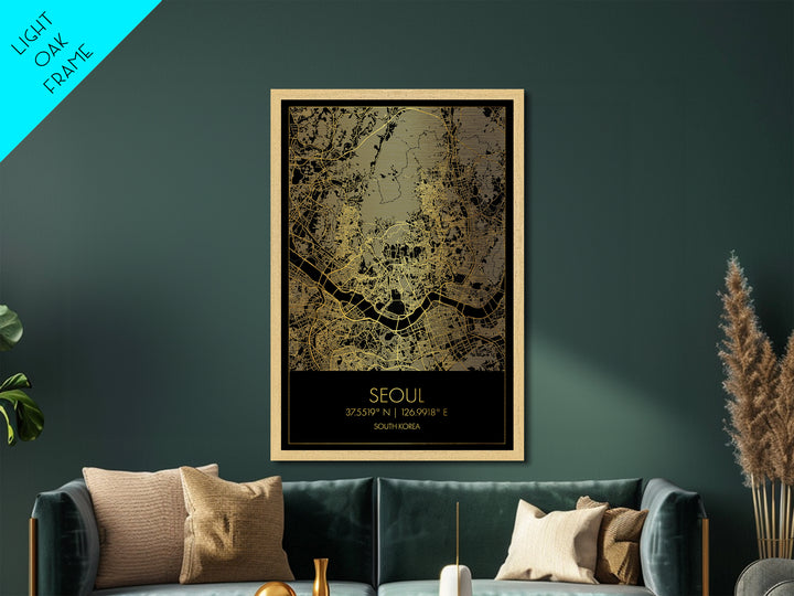 Seoul South Korea City street map, Metallic Gold Print, Metal Art, wood framed map, black and gold, Street Map Art, Office Decor
