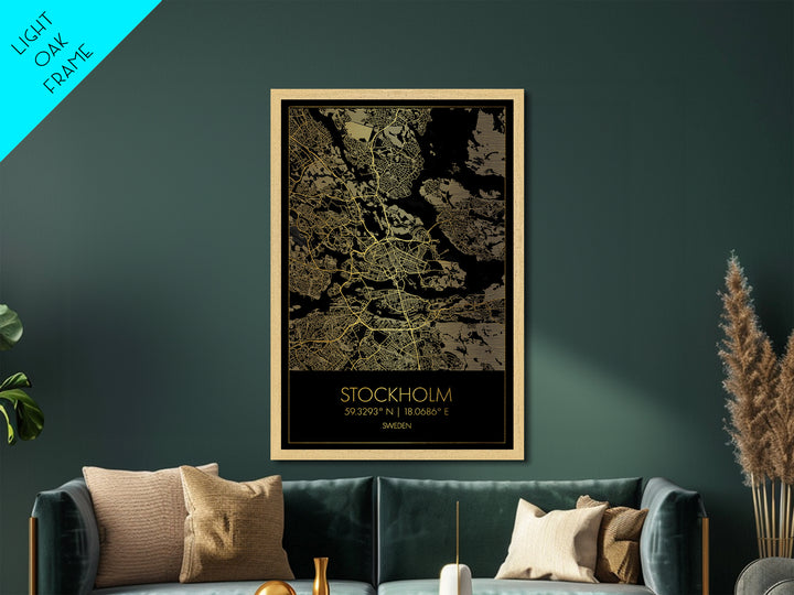 Stockholm Sweden City street map, Metallic Gold Print, Metal Art, wood framed map, black and gold, Gold Street Map Art, Modern Wall Art