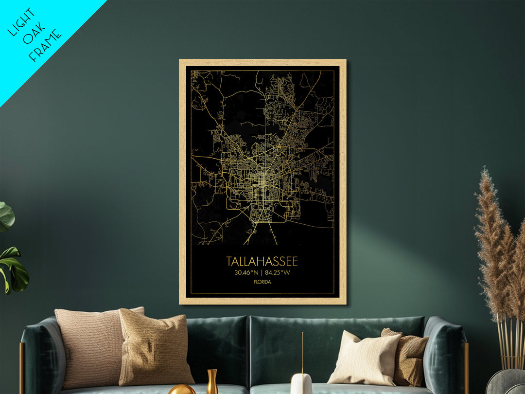 Tallahassee Florida City street map, Metallic Gold Print, Metal Art, wood framed map, black and gold, Gold Street Map Art, Modern Wall Art