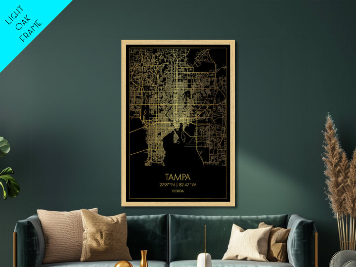 Tampa Florida City Poster, Metallic Gold Art, Metal Art, real wood frames, black and gold, Street Map Wall Art, Closing Gift