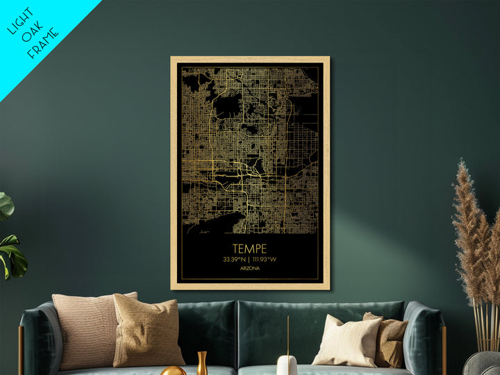 Tempe Arizona City street map, Metallic Gold Print, Metal Art, wood framed map, black and gold, Map Art, Housewarming Gift
