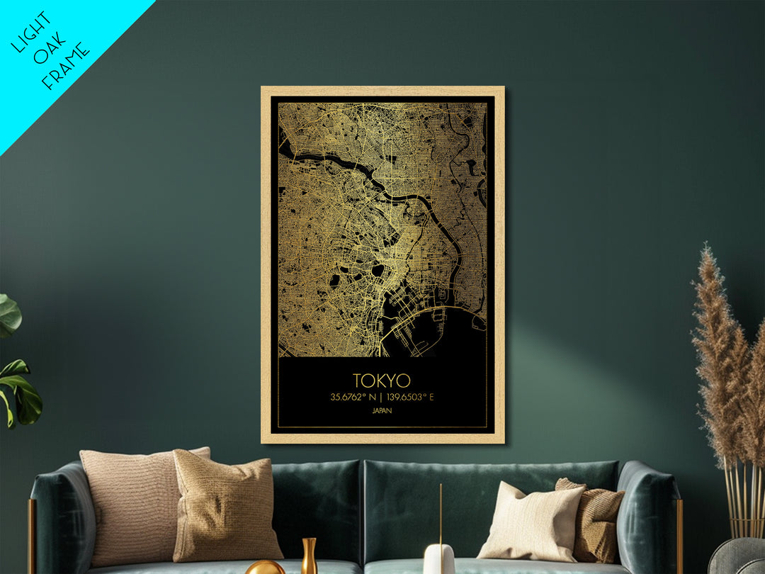 Tokyo Japan City Poster, Metallic Gold Art, Metal Art, real wood frames, black and gold, Gold Street Map Art, Modern Wall Art