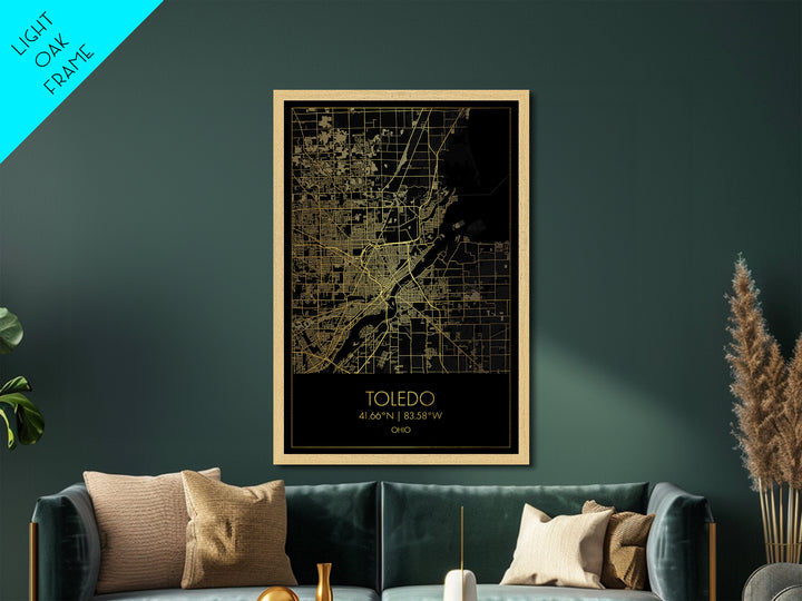 Toledo Ohio City street map, Metallic Gold Print, Metal Art, wood framed map, black and gold, Minimalist Wall Art, College Dorm Décor