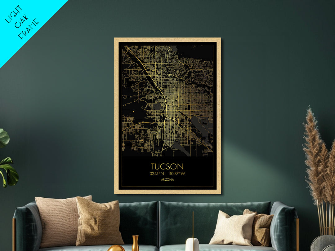 Tucson Arizona City street map, Metallic Gold Print, Metal Art, wood framed map, black and gold, Map Art, Office Decor