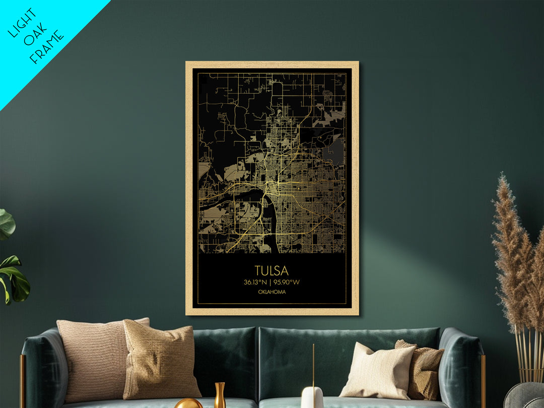 Tulsa Oklahoma City Poster, Metallic Gold Art, Metal Art, real wood frames, black and gold, Map Art, Best Friend Gifts