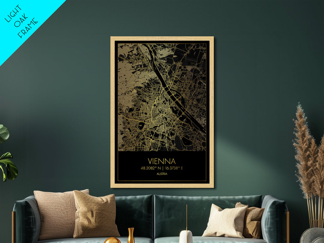 Vienna Austria City street map, Metallic Gold Print, Metal Art, wood framed map, black and gold, Gold Street Map Art, Modern Wall Art