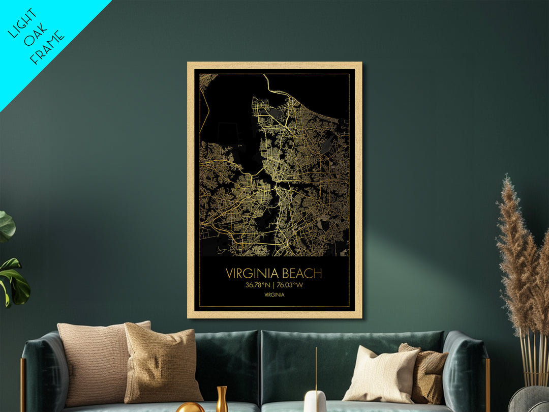 Virginia Beach Virginia City Poster, Metallic Gold Art, Metal Art, real wood frames, black and gold, Minimalist Wall Art, Map Print Poster