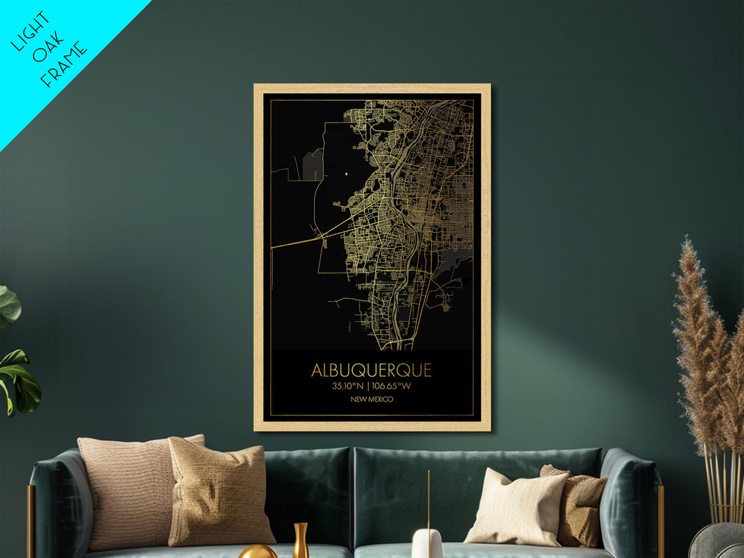 Albuquerque New Mexico City street map, Metallic Gold Print, Metal Art, wood framed map, black and gold, Map Art, Office Decor