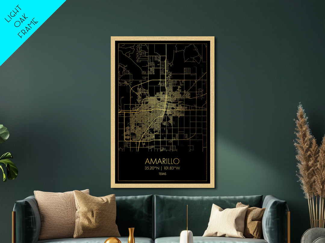 Amarillo Texas City Poster, Metallic Gold Art, Metal Art, real wood frames, black and gold, Map Art, Best Friend Gifts